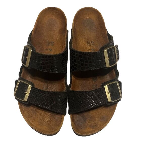 Birkenstock Arizona Shiny Snake Black Birko Flor Sandals Made in Germany Size 10 - Picture 1 of 16